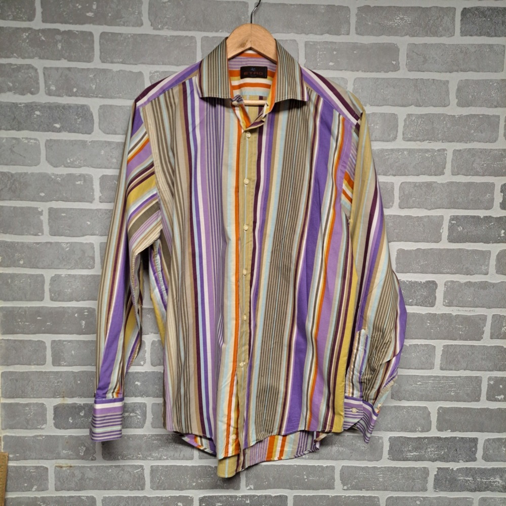 ETRO Milano Mens Striped Multicolor Long Sleeve Button Down Shirt Size 41‎